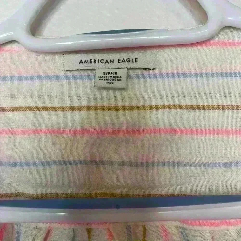 American Eagle Crop Tie Front Long Sleeve Stripe Linen Blend Top size Small - Picture 2 of 8